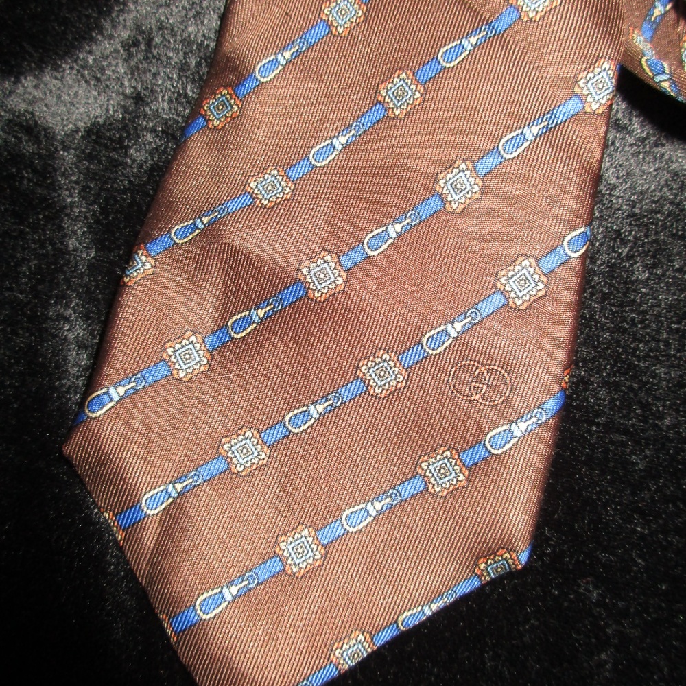 VTG GUCCI SILK SKINNY TIE BROWN BLUE BELTS DESIGN - Picture 2 of 8